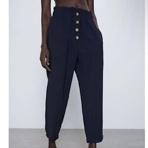 Zara High Rise Paperbag Navy Relaxed Fit Tapered Pull On Pants